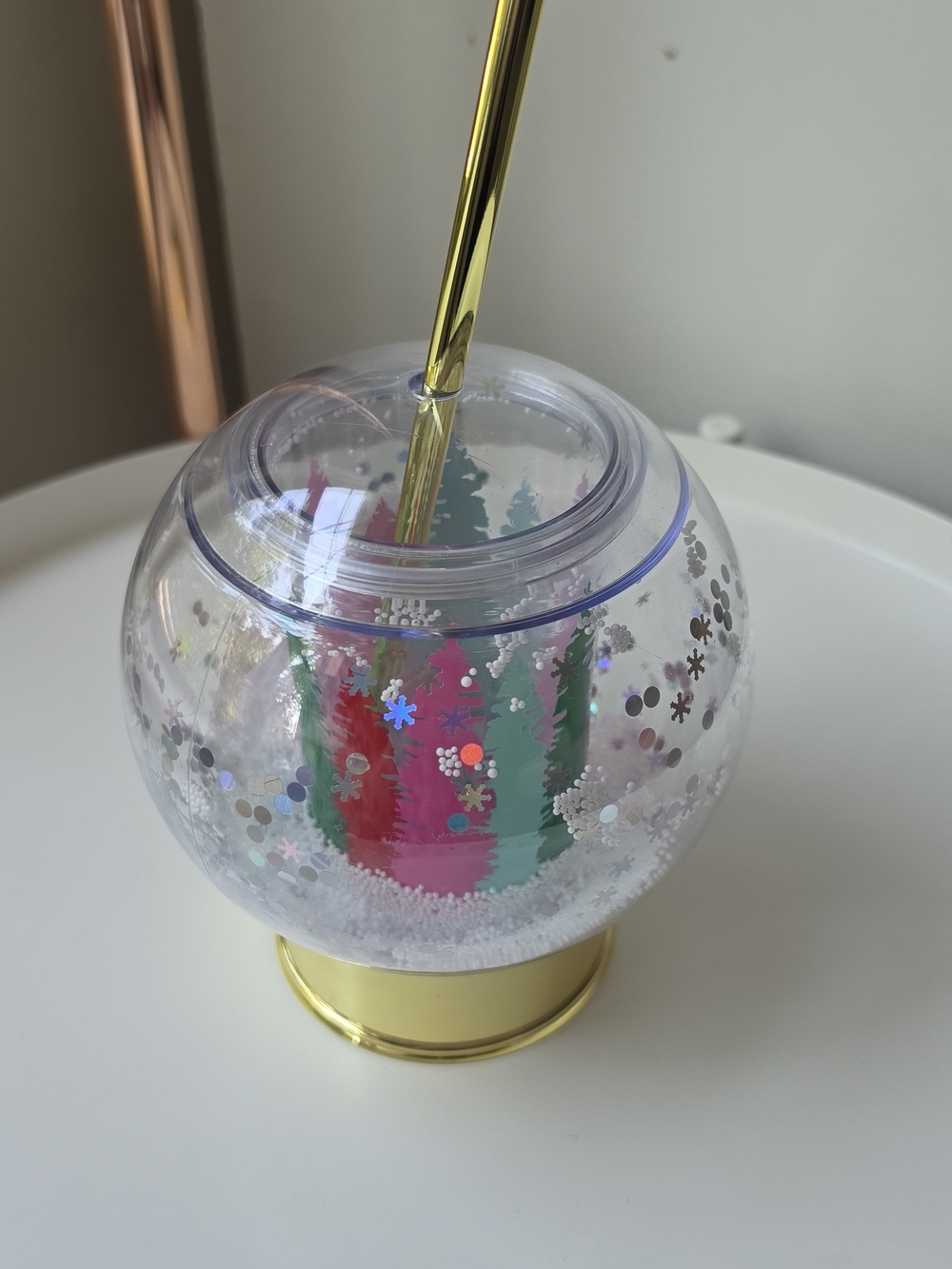 Packed Party Clear Snow Globe Cup with Pink, Green & Gold Accents
